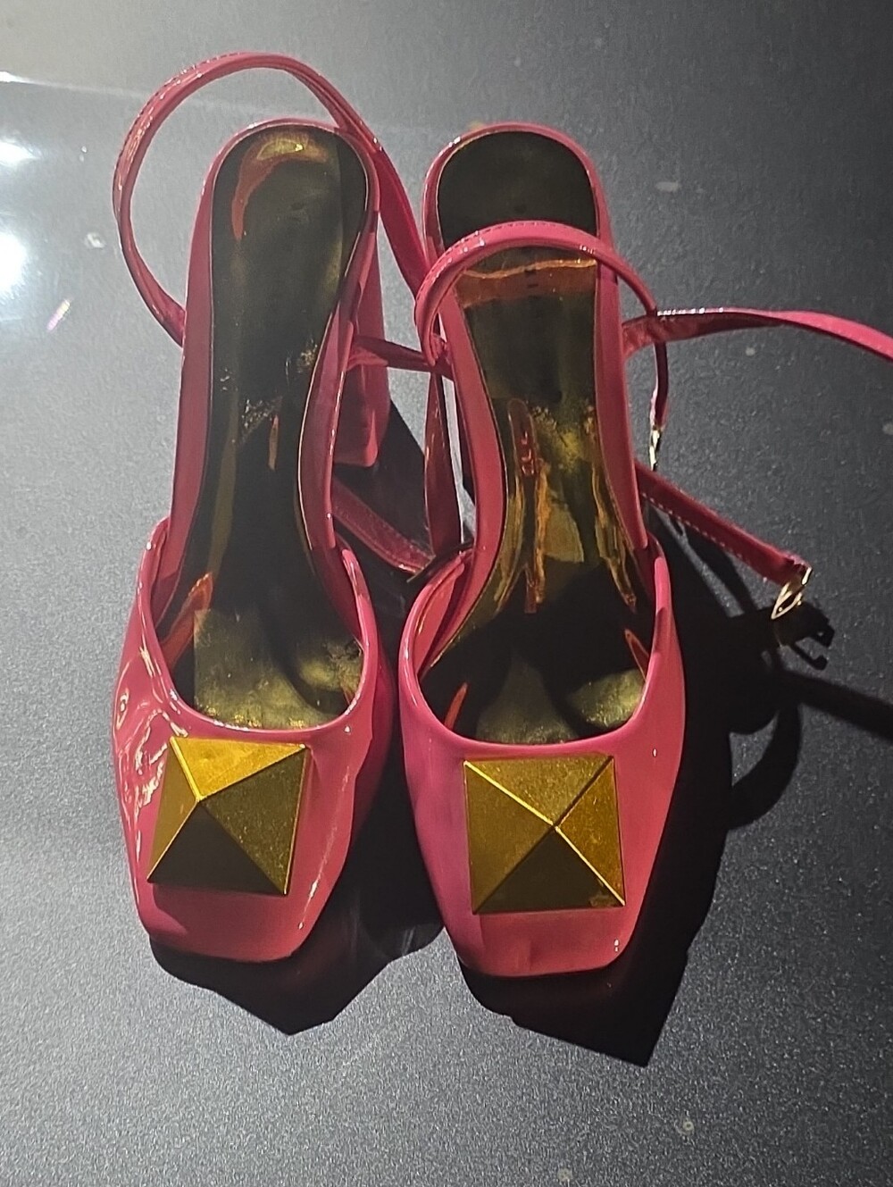 Women’s Pink Slingback Heels with Gold Pyramid Accent